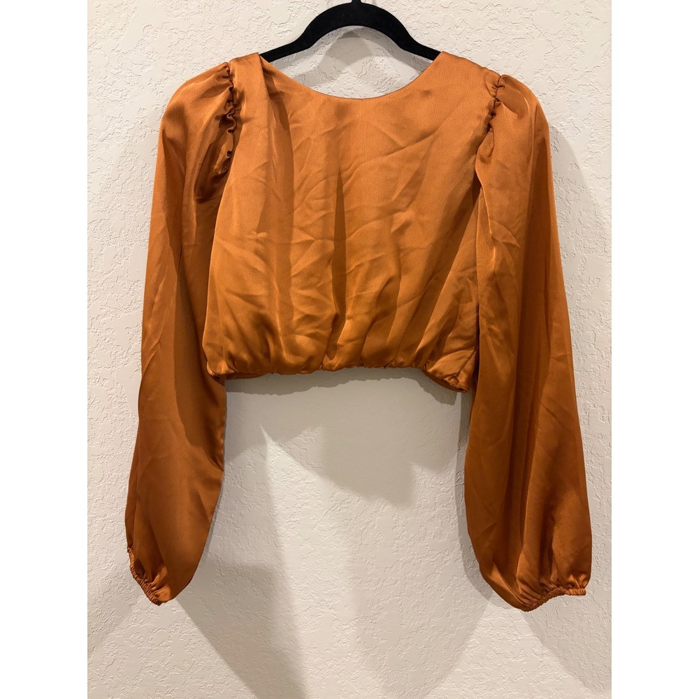 Le Lis Collection Burnt Orange Satin Twist Front Balloon Sleeve Crop Top M